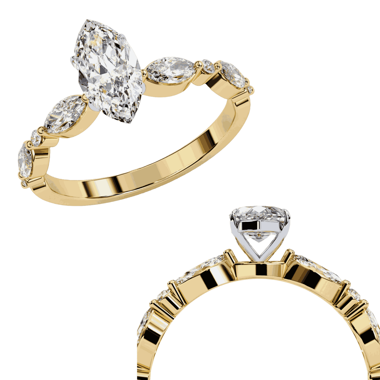 Marquise Cut Lab Grown Diamond Pave Engagement Ring with Marquise and Round Accent Shoulders