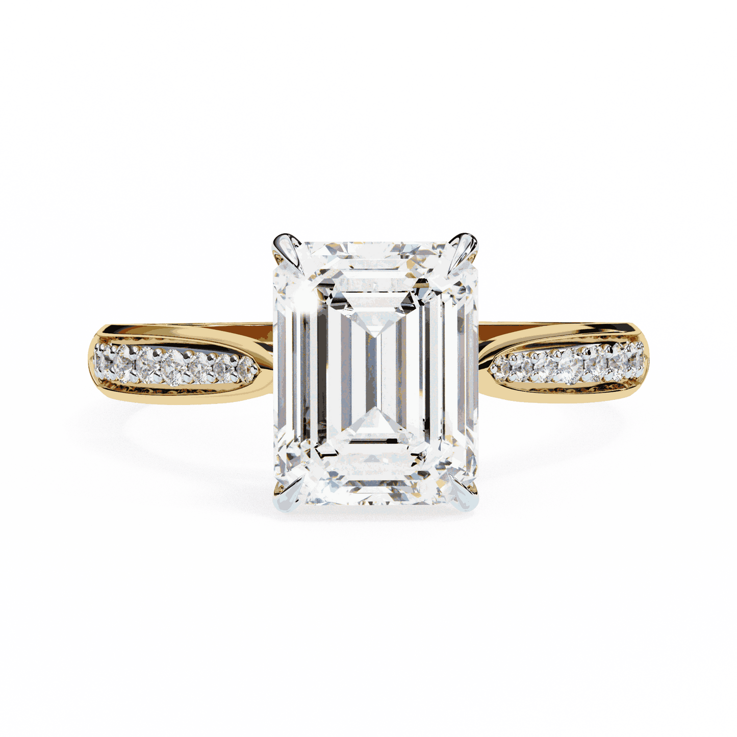 Emerald Cut Lab Grown Diamond Side Stone Engagement Ring with Pavé Set Shoulders