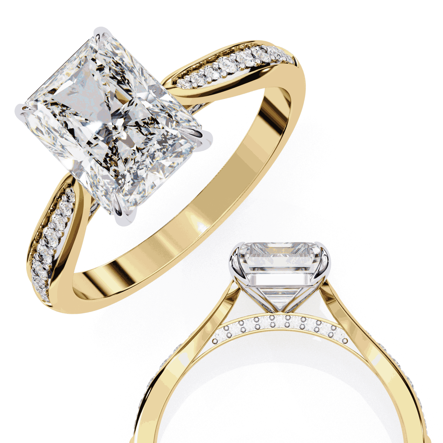 Radiant Cut Lab Grown Diamond Side Stone Engagement Ring with Pavé Set Shoulders
