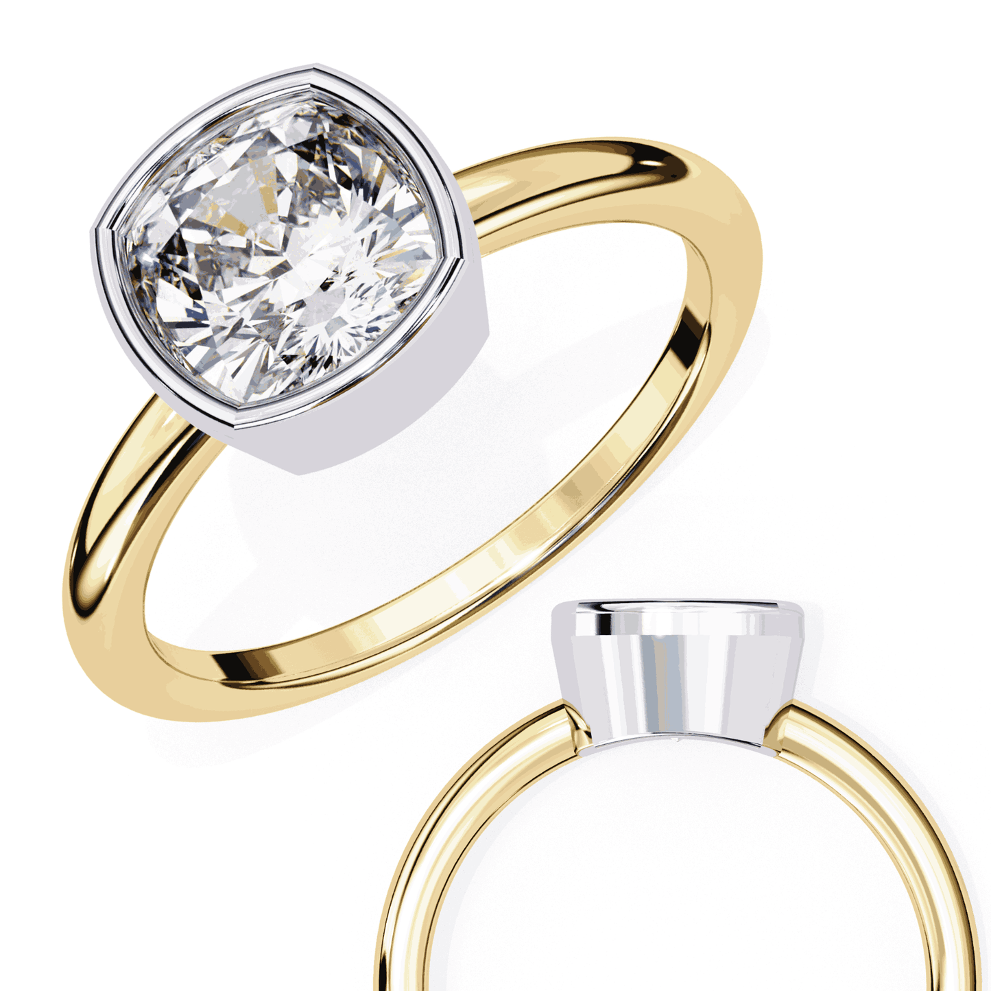 Cushion Cut Lab Grown Diamond Bezel Engagement Ring with Two Tone Plain Band