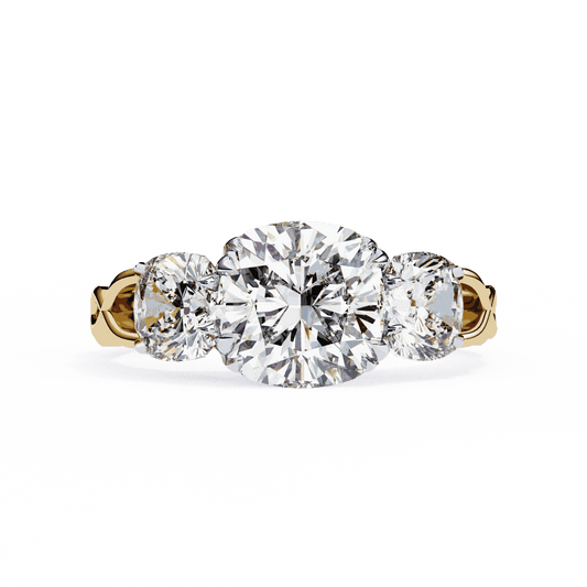 Cushion Cut Lab Grown Diamond Three Stone Engagement Ring with Cushion Sides Twist Band