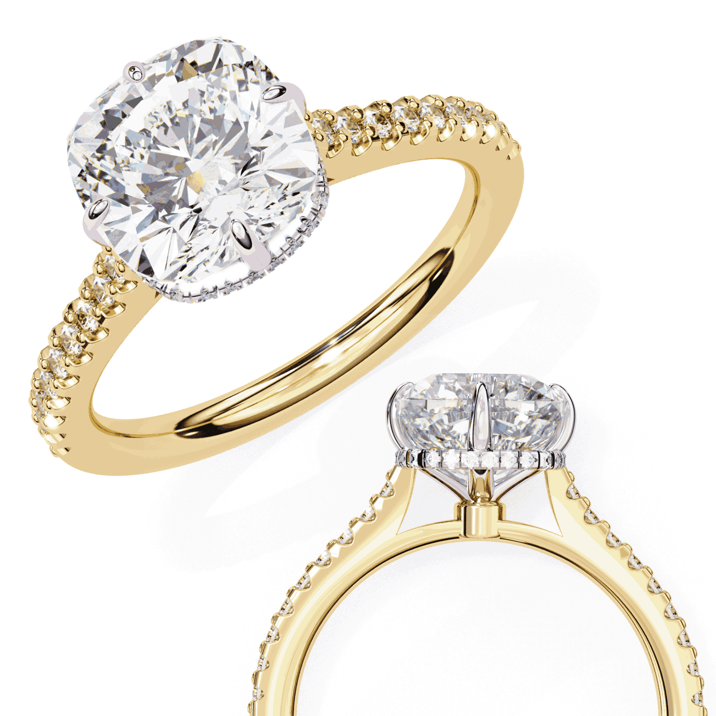 Cushion Cut Lab Grown Diamond Solitaire Engagement Ring with Hidden Halo and Pavé Band