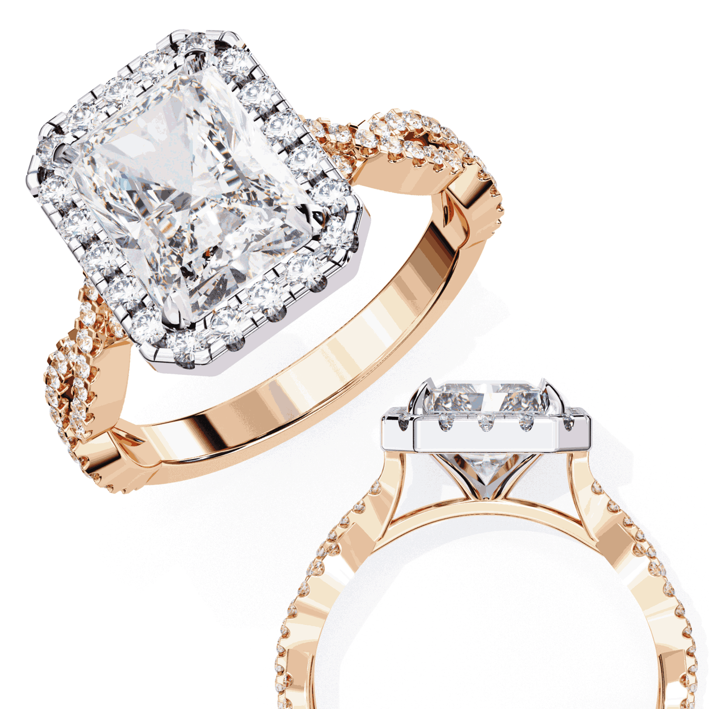 Radiant Cut Lab Grown Diamond Halo Engagement Ring with Twisted Pavé Band