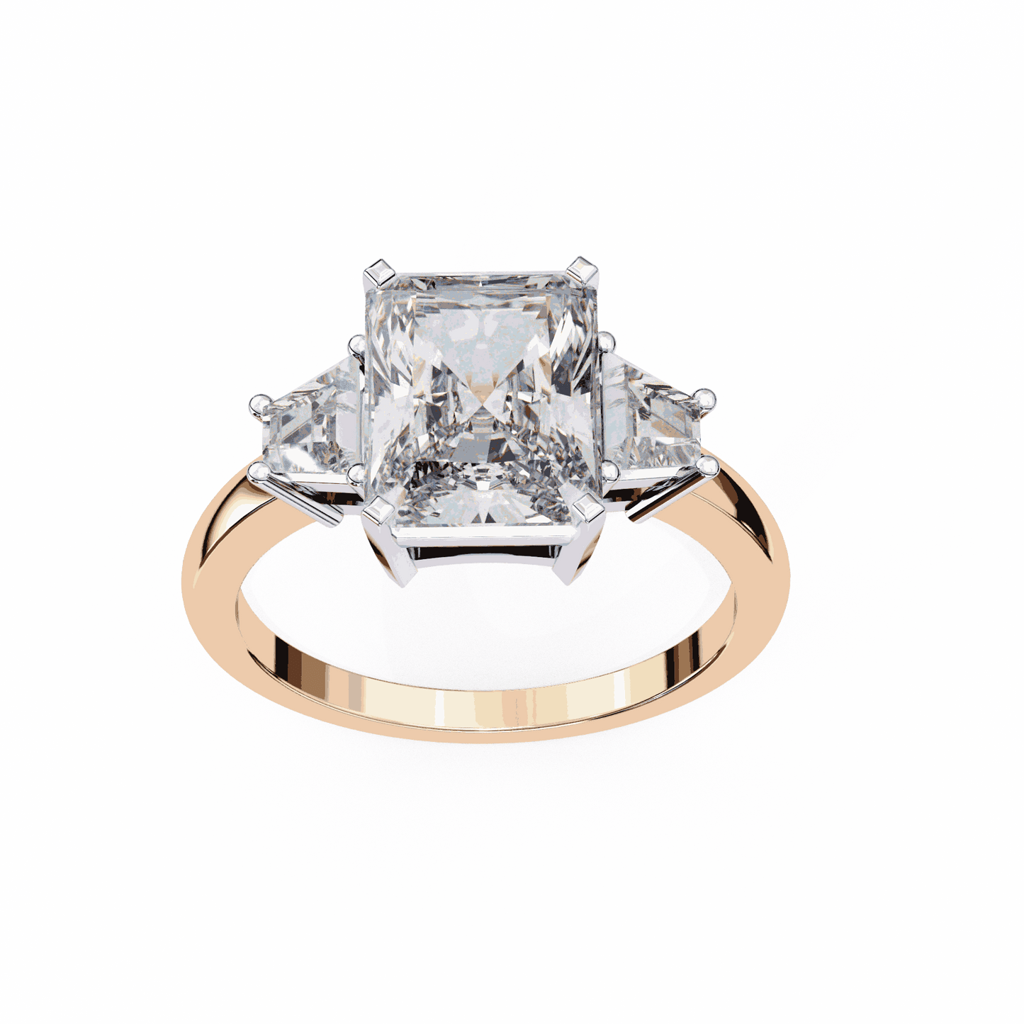 Radiant Cut Lab Grown Diamond Three Stone Engagement Ring with Trapezoid Side Stones