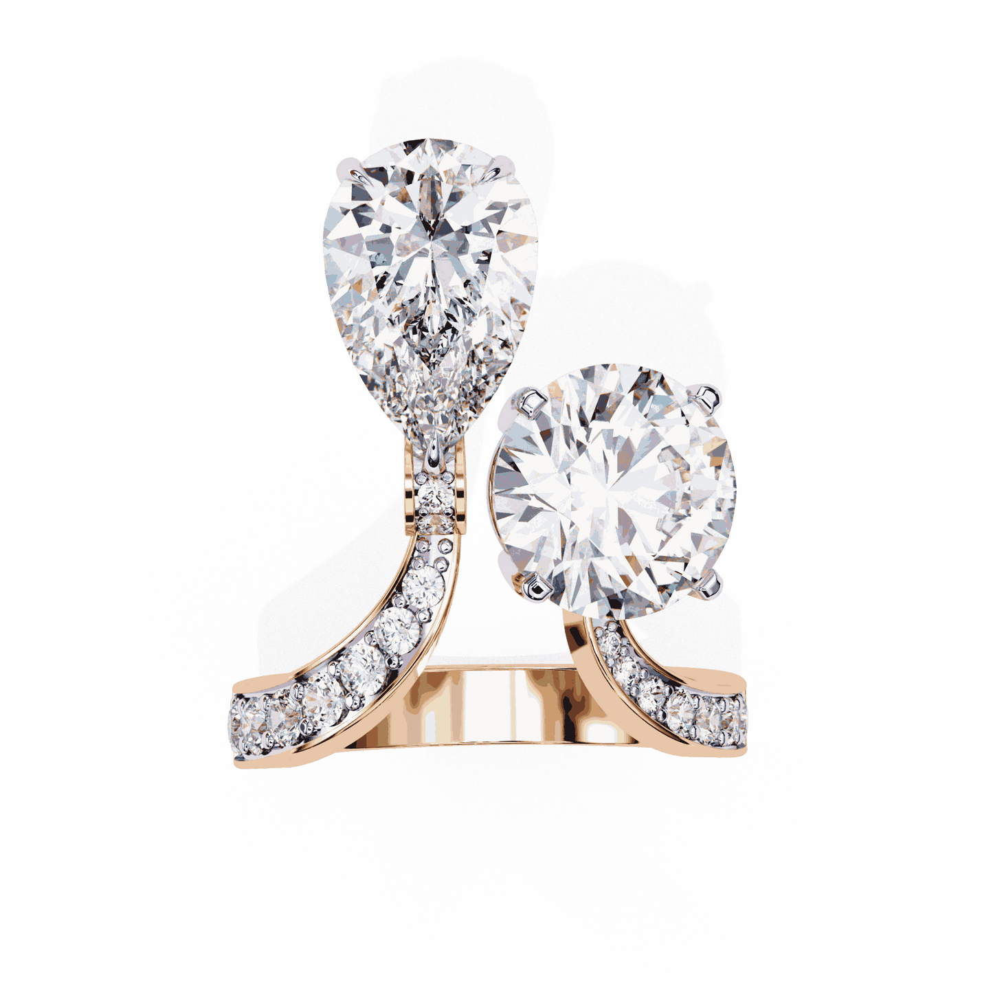 Pear and Round Cut Lab Grown Diamond Toi et Moi Engagement Ring with Bypass Accent Band