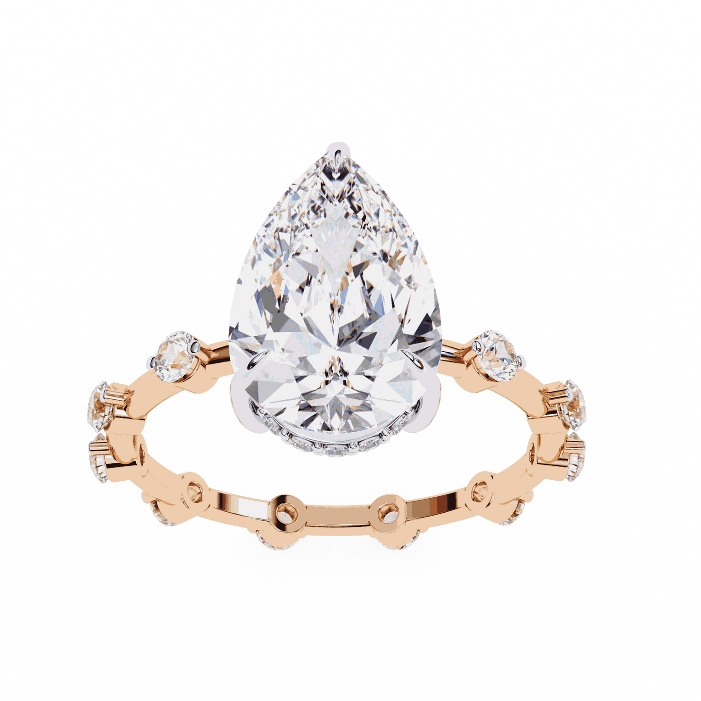 Pear Cut Lab Grown Diamond Solitaire Engagement Ring with Hidden Halo and Spaced Station Band