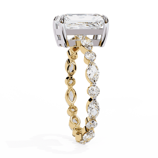 Radiant Cut Lab Grown Diamond Side Stone Engagement Ring with Marquise and Round Eternity Band