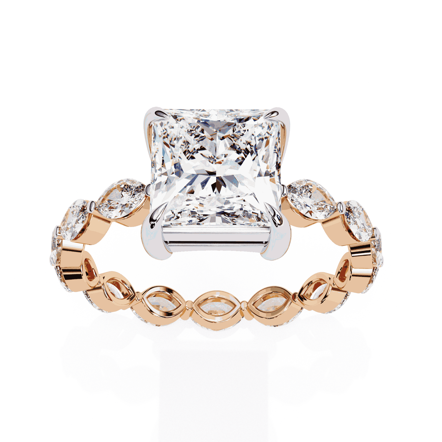 Princess Cut Lab Grown Diamond Side Stone Engagement Ring with Marquise and Round Eternity Band