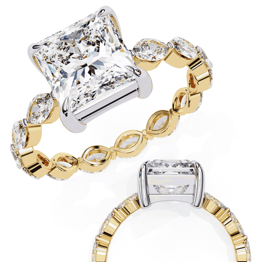 Princess Cut Lab Grown Diamond Side Stone Engagement Ring with Marquise and Round Eternity Band