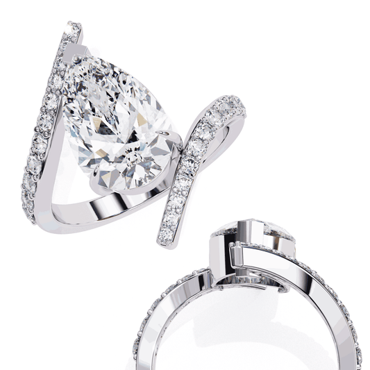 Pear Cut Lab Grown Diamond Pave Engagement Ring with Open Crossover Bypass Shank
