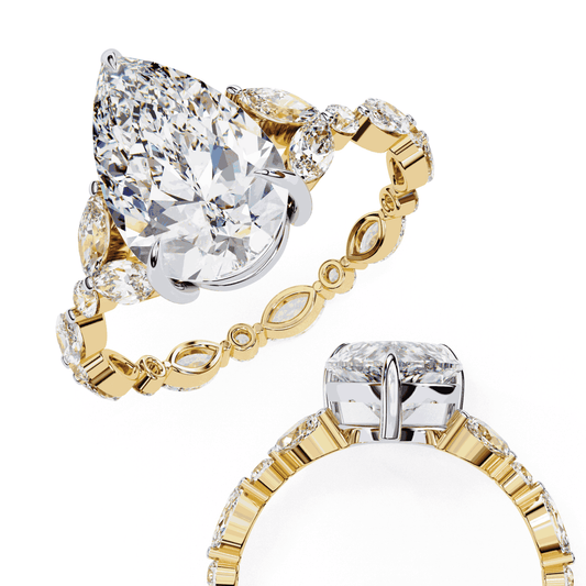 Pear Cut Lab Grown Diamond Side Stone Engagement Ring with Marquise and Round Eternity Band