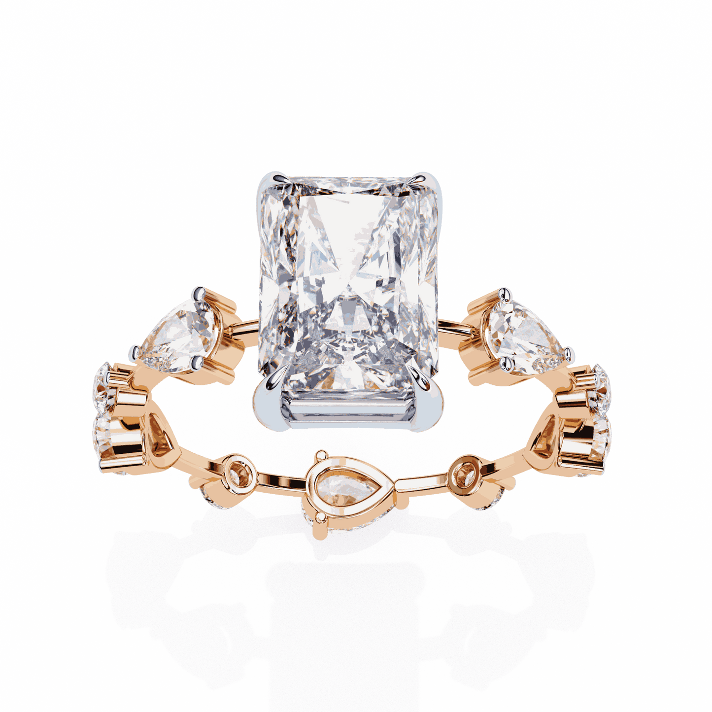 Radiant Cut Lab Grown Diamond Side Stone Engagement Ring with Pear and Round Eternity Band
