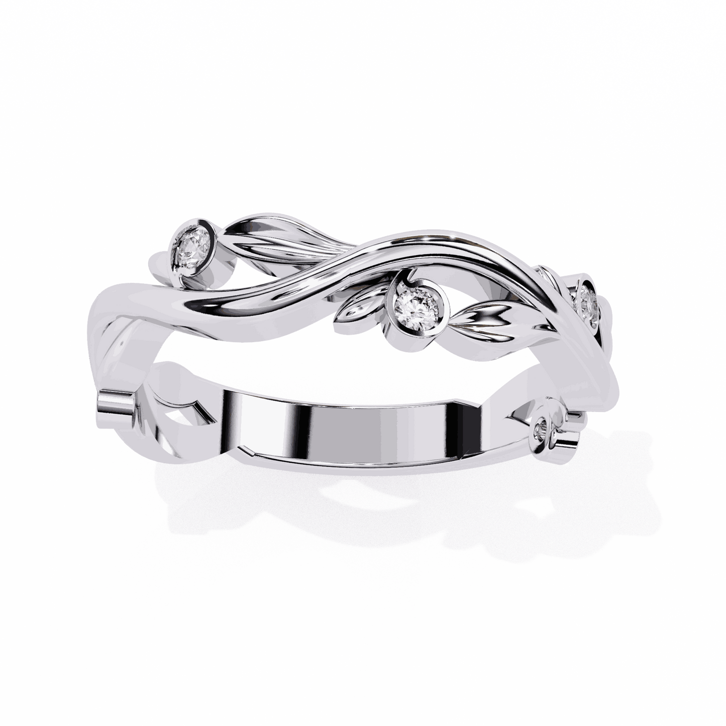 Round Cut Lab Grown Diamond Bezel Engagement Ring with Olive Branch and Berry Eternity Band