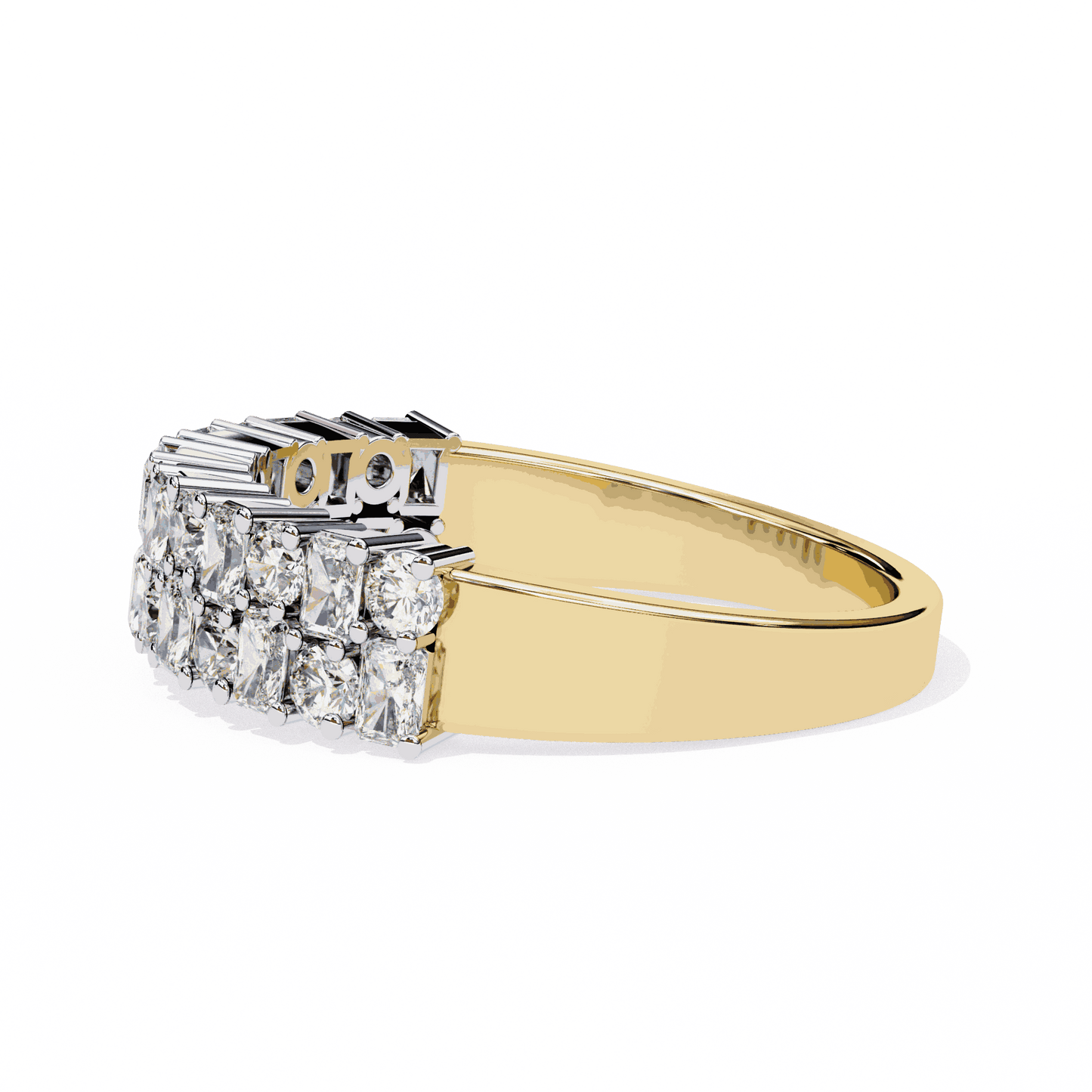 Radiant Cut Lab Grown Diamond Pave Engagement Ring with Double Row Checkerboard Mixed Cut Band