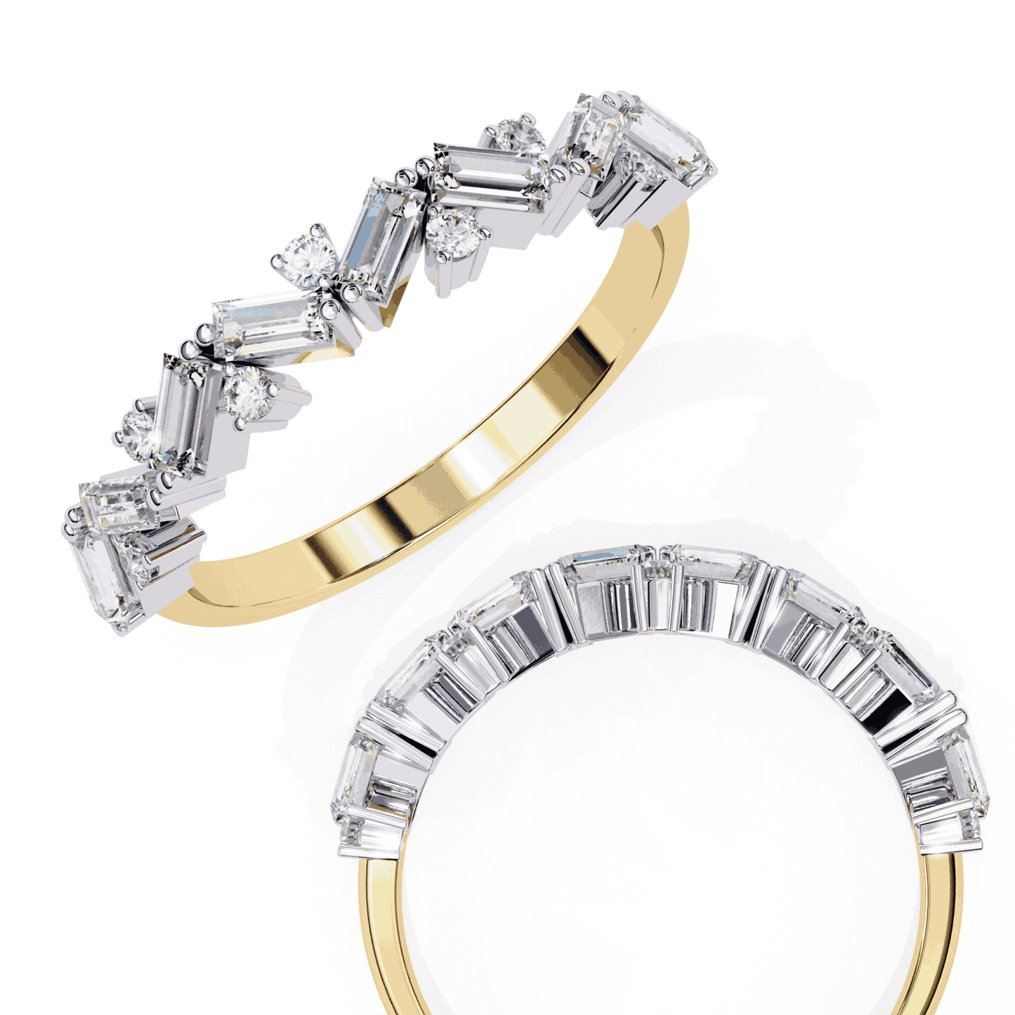 Baguette Cut Lab Grown Diamond Side Stone Engagement Ring with Scattered Round Accents