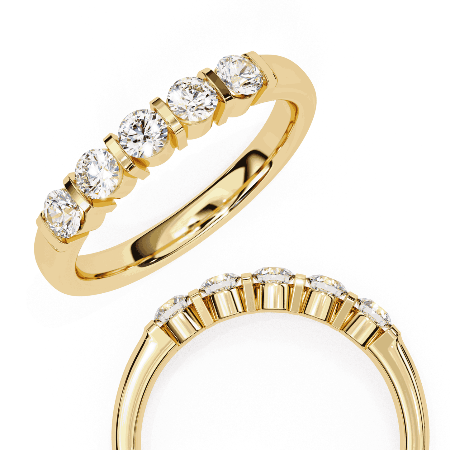 Round Cut Lab Grown Diamond Bezel Engagement Ring with Five Stone Bar Channel