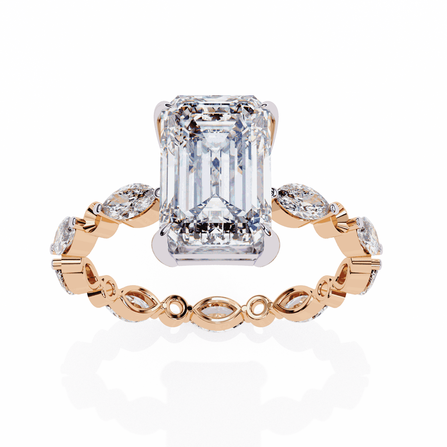 Emerald Cut Lab Grown Diamond Side Stone Engagement Ring with Marquise and Round Eternity Band