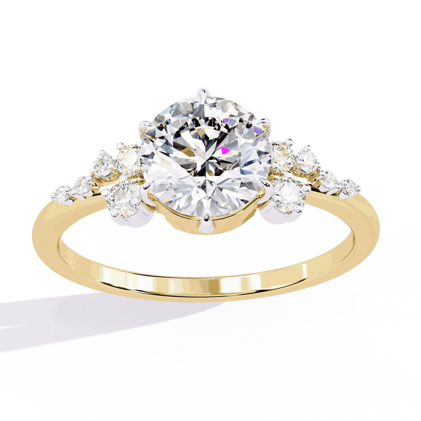 Round Cut Lab Grown Diamond Side Stone Engagement Ring with Scattered Cluster Shoulders
