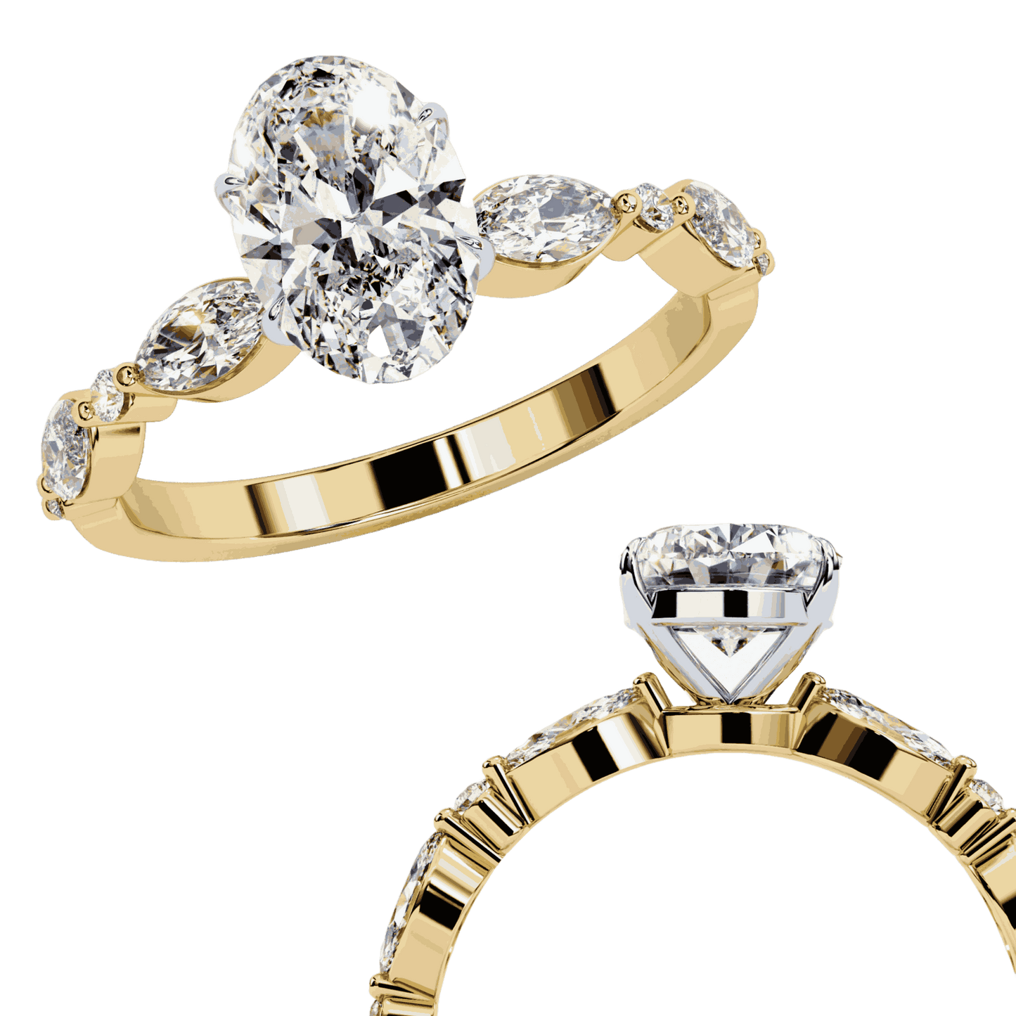 Oval Cut Lab Grown Diamond Pave Engagement Ring with Marquise and Round Accent Shoulders