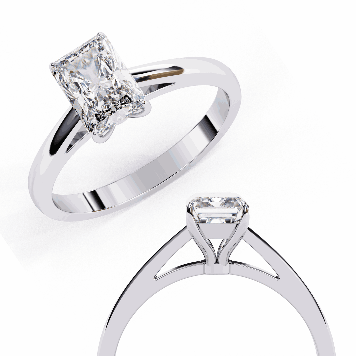 Radiant Cut Lab Grown Diamond Solitaire Engagement Ring with Cathedral Tapered Band