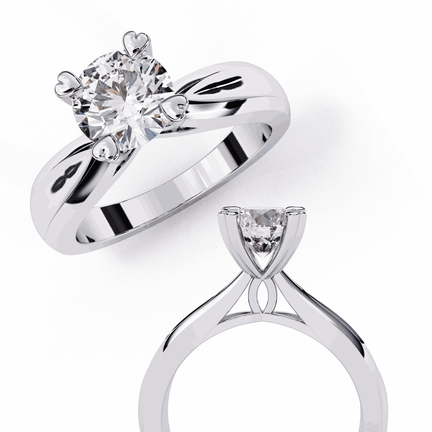 Round Cut Lab Grown Diamond Solitaire Engagement Ring with Heart Prongs and Infinity Gallery