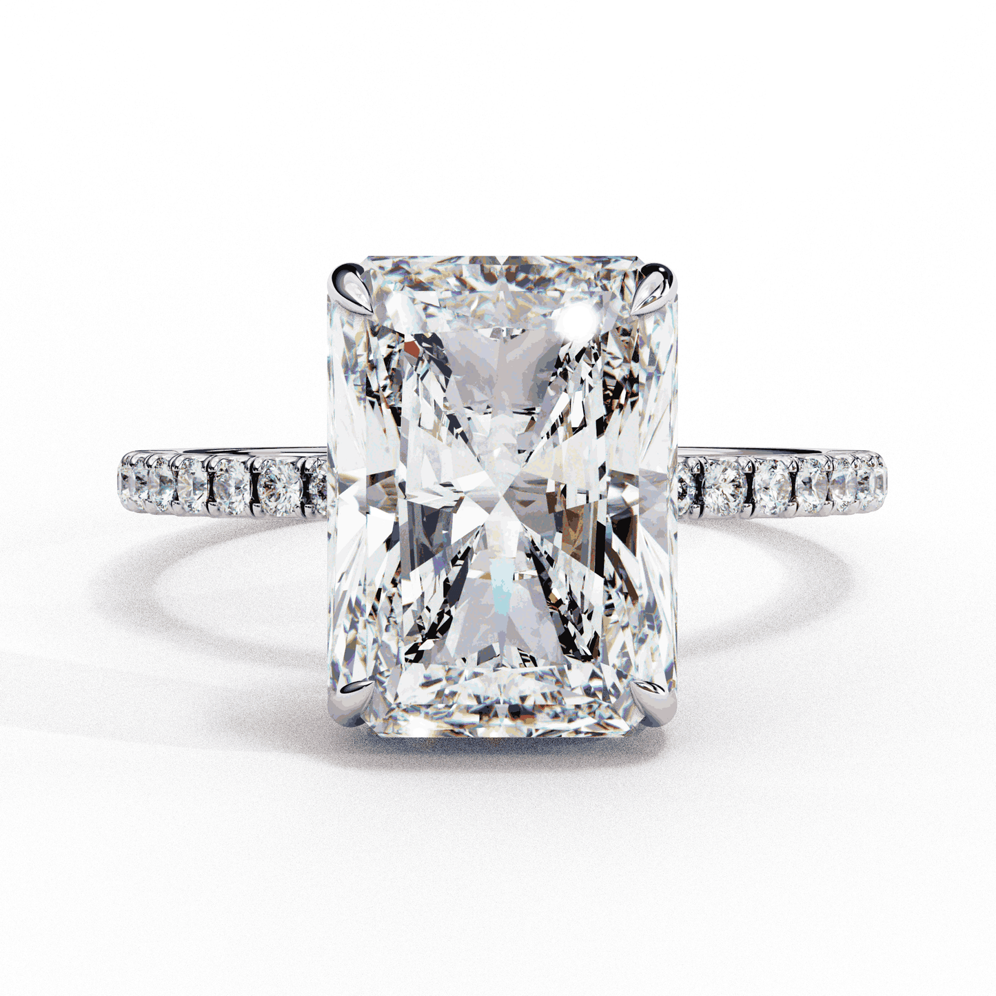 Radiant Cut Lab Grown Diamond Hidden Halo Engagement Ring | 14K White Gold Pavé Band