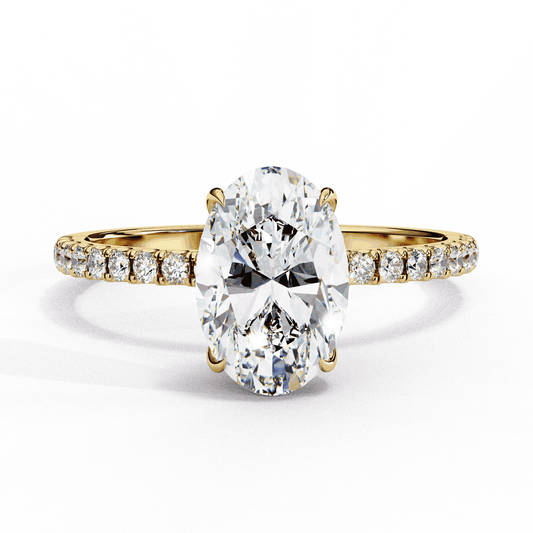 Oval Cut Lab Grown Diamond Pave Engagement Ring with Hidden Halo and French Pave Shank
