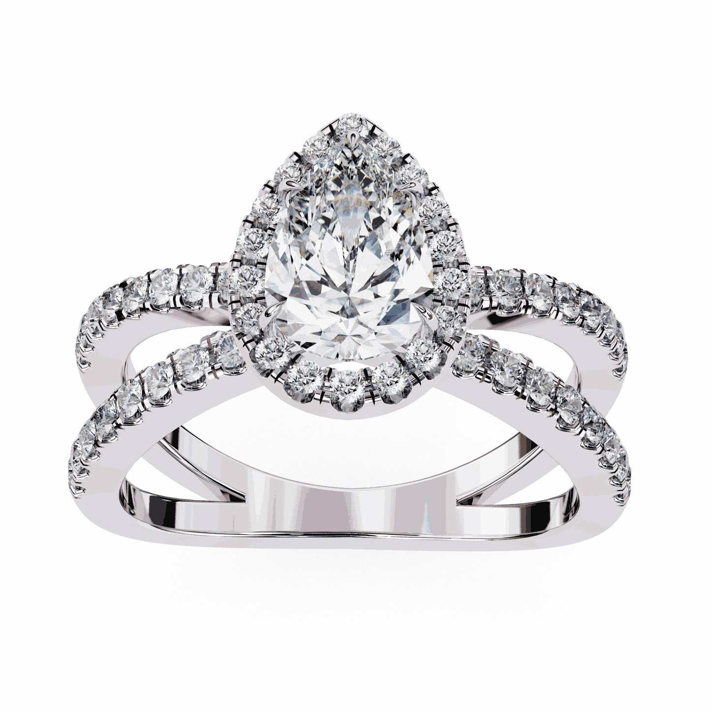 Pear Cut Lab Grown Diamond Halo Engagement Ring with Pavé Crossover Shank