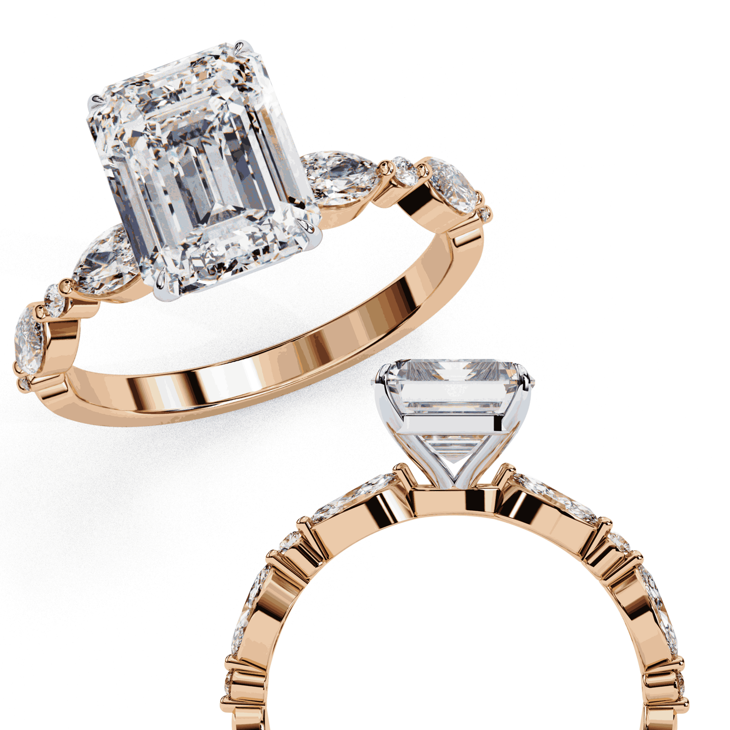 Emerald Cut Lab Grown Diamond Pave Engagement Ring with Marquise and Round Accent Shoulders