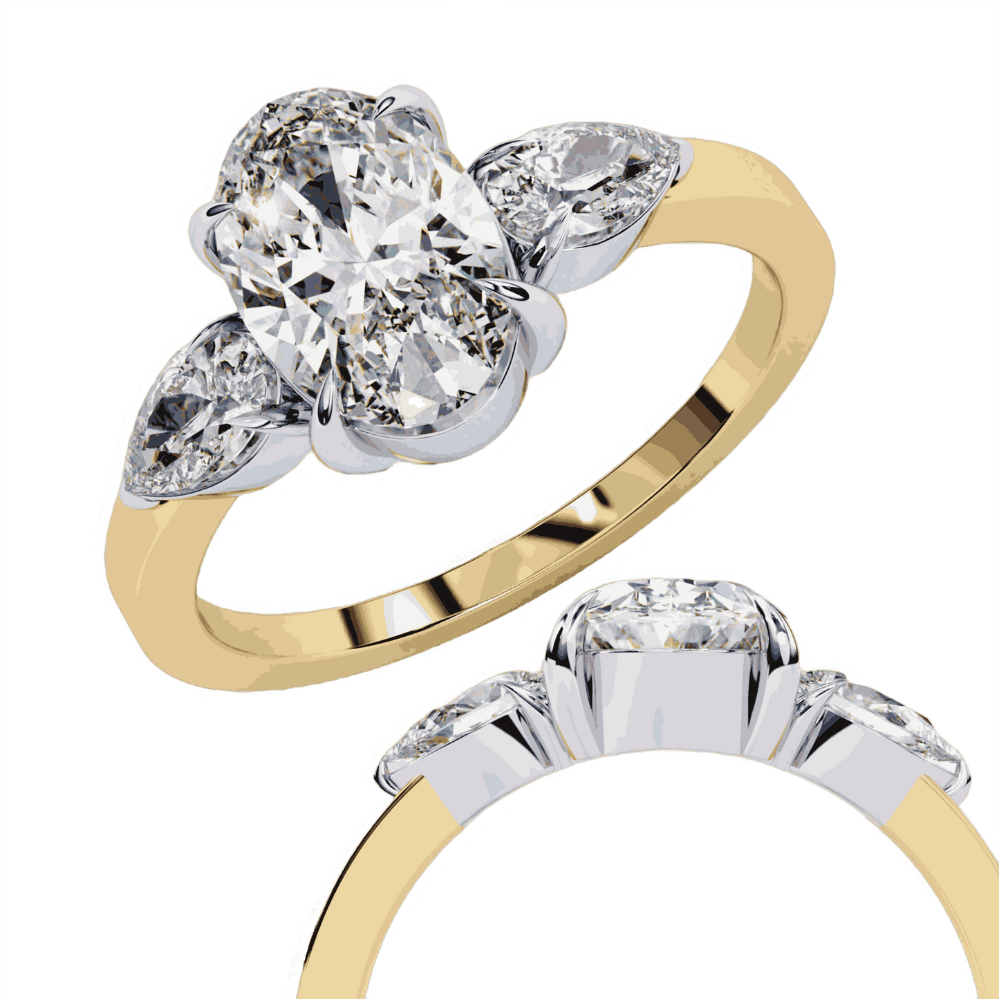 Oval Cut Lab Grown Diamond Three Stone Engagement Ring with Pear Side Accents