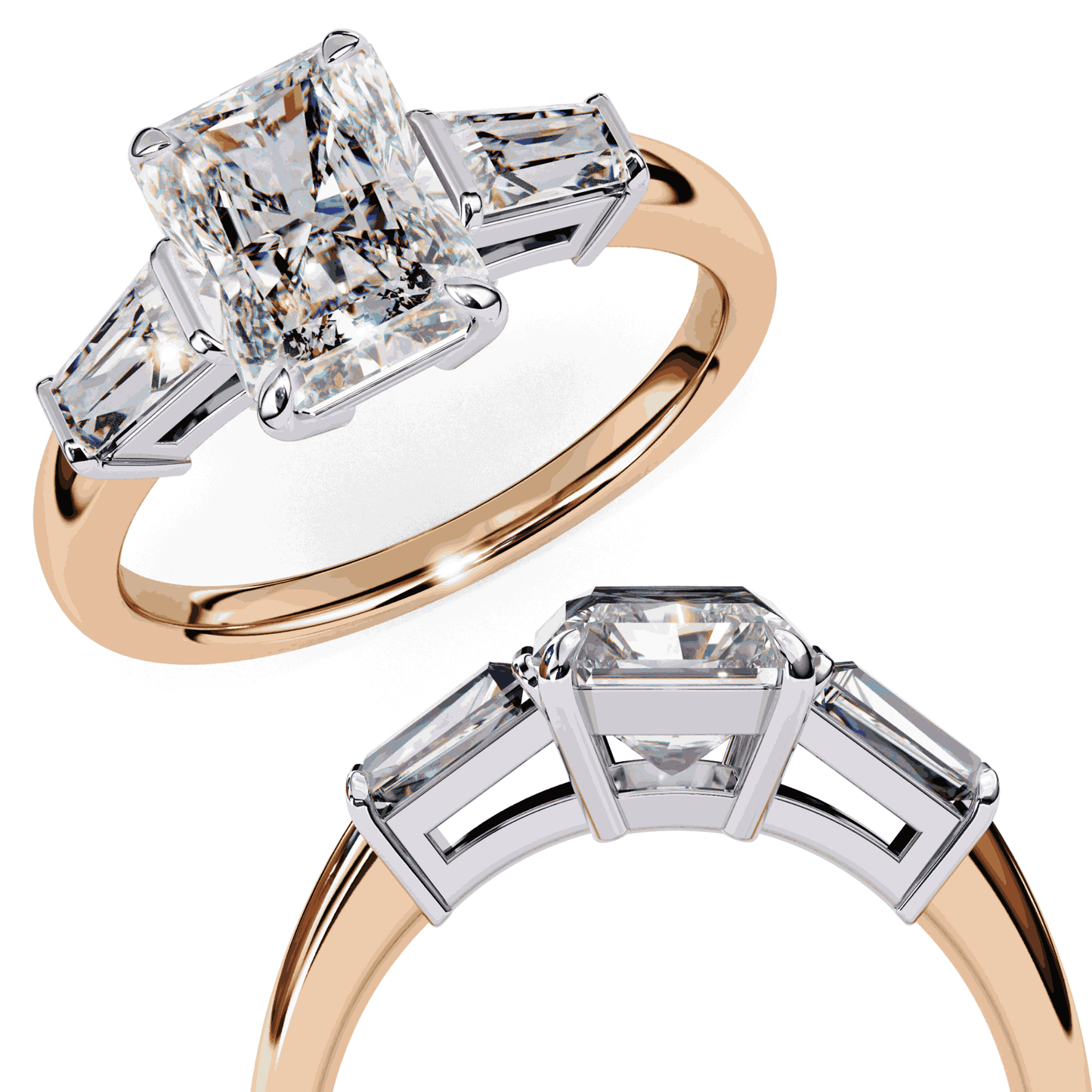 Radiant Cut Lab Grown Diamond Three Stone Engagement Ring with Tapered Baguette Sides