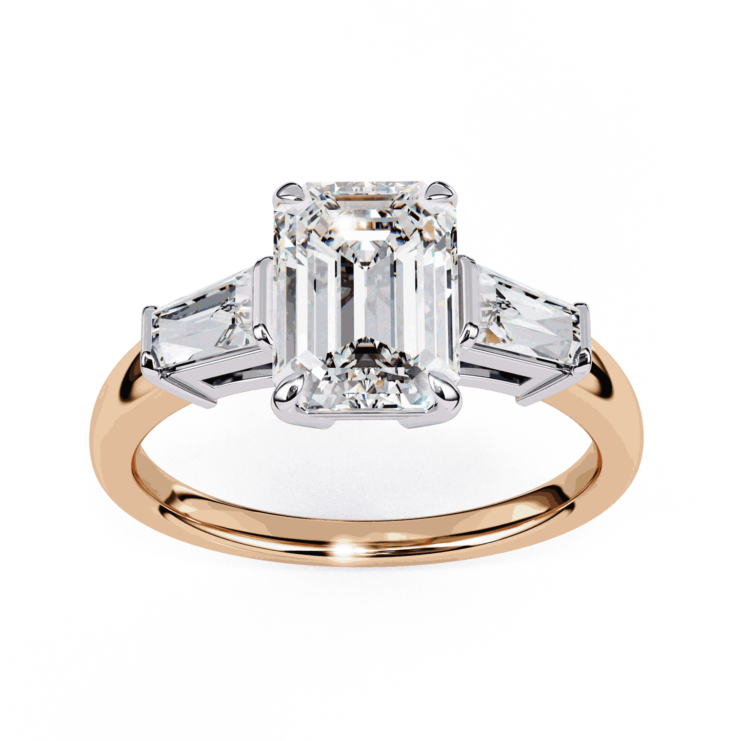 Emerald Cut Lab Grown Diamond Three Stone Engagement Ring with Tapered Baguette Sides