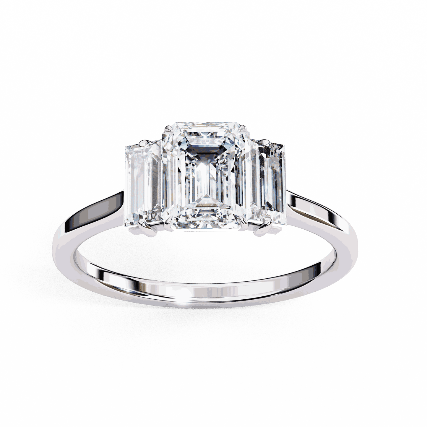 Emerald Cut Lab Grown Diamond Three Stone Engagement Ring with Baguette Side Stones