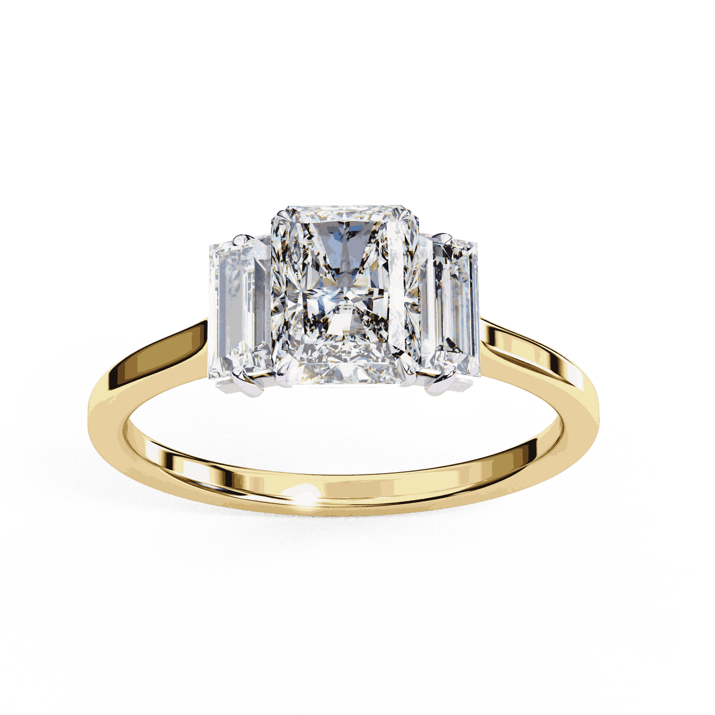 Radiant Cut Lab Grown Diamond Three Stone Engagement Ring with Baguette Side Stones