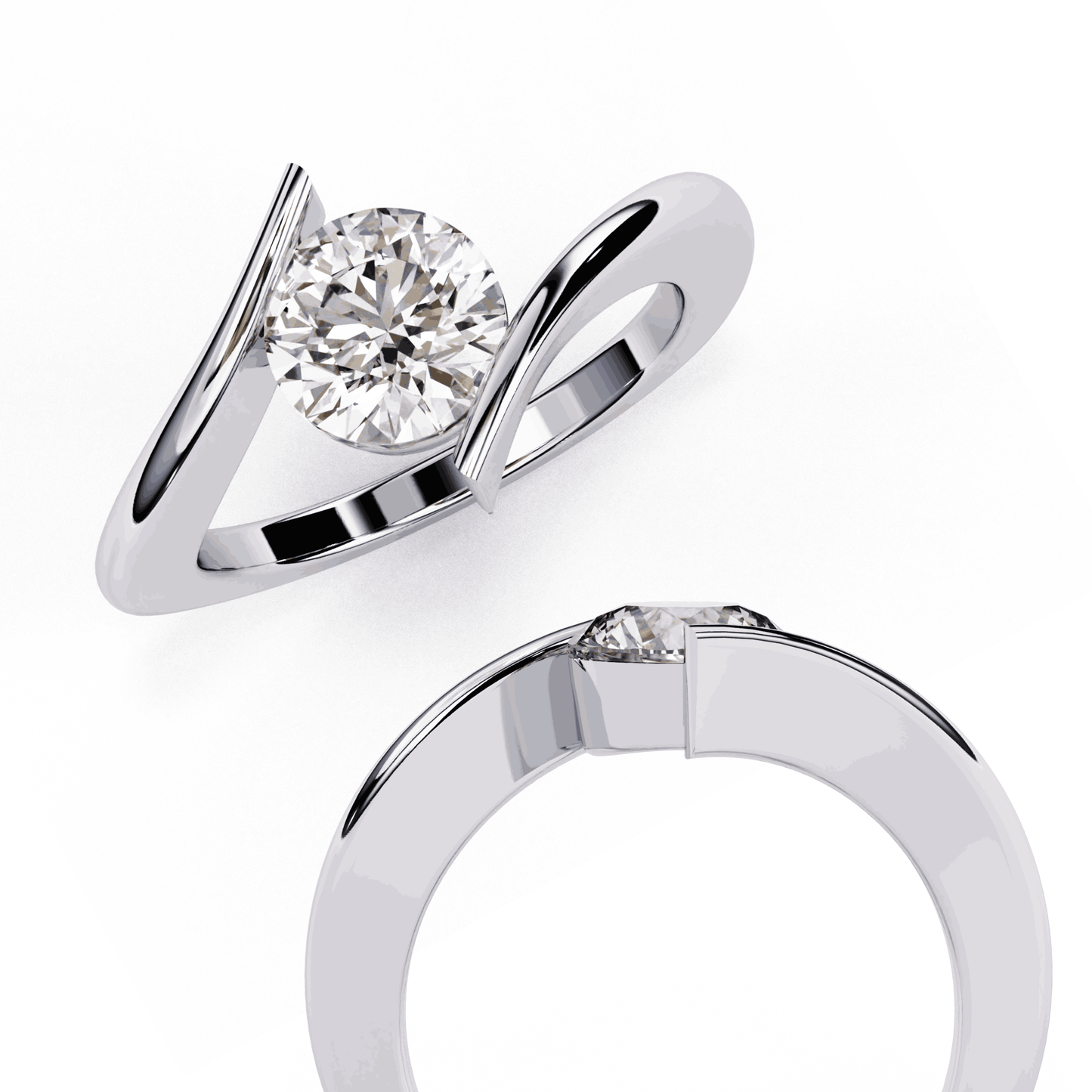 Round Cut Lab Grown Diamond Bezel Engagement Ring with Tension Style Bypass Shank
