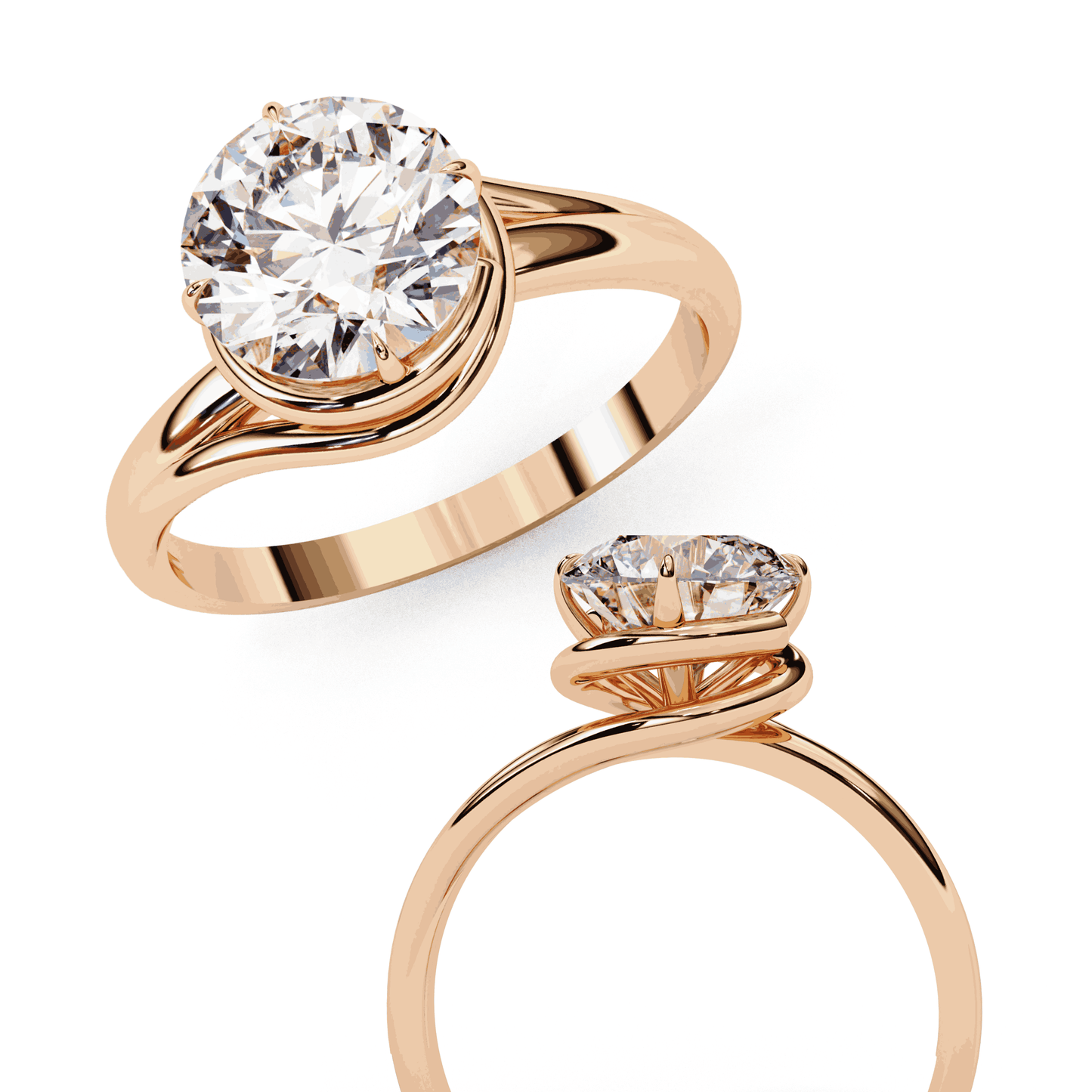 Round Cut Lab Grown Diamond Solitaire Engagement Ring with Swirl Wrap Split Shank