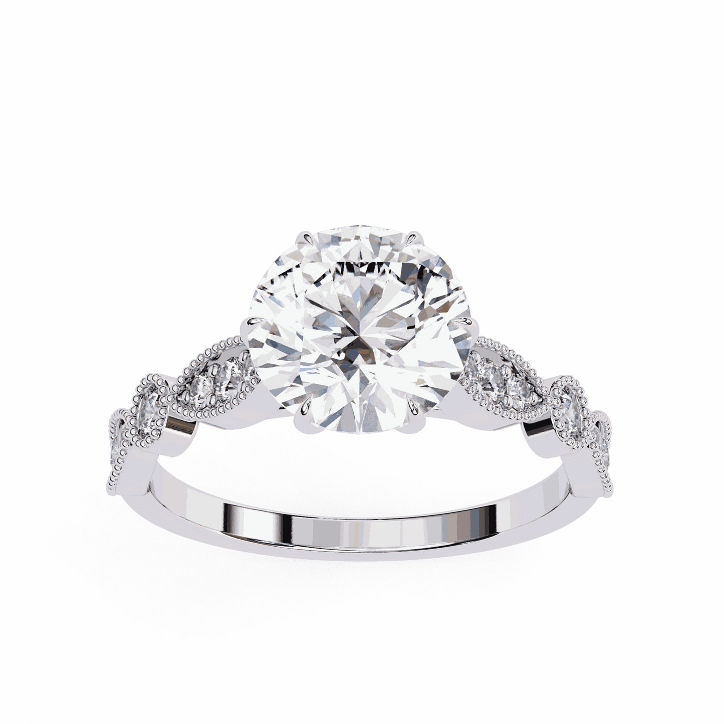 Round Cut Lab Grown Diamond Cathedral Engagement Ring with Vintage Milgrain