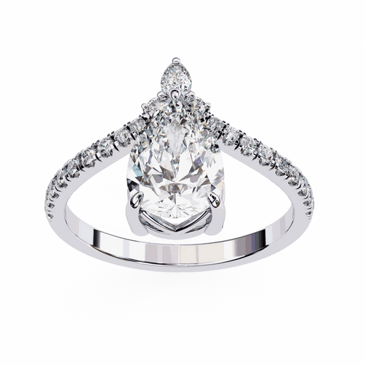 Pear Cut Lab Grown Diamond Pave Engagement Ring with Chevron Shank and Pear Crown