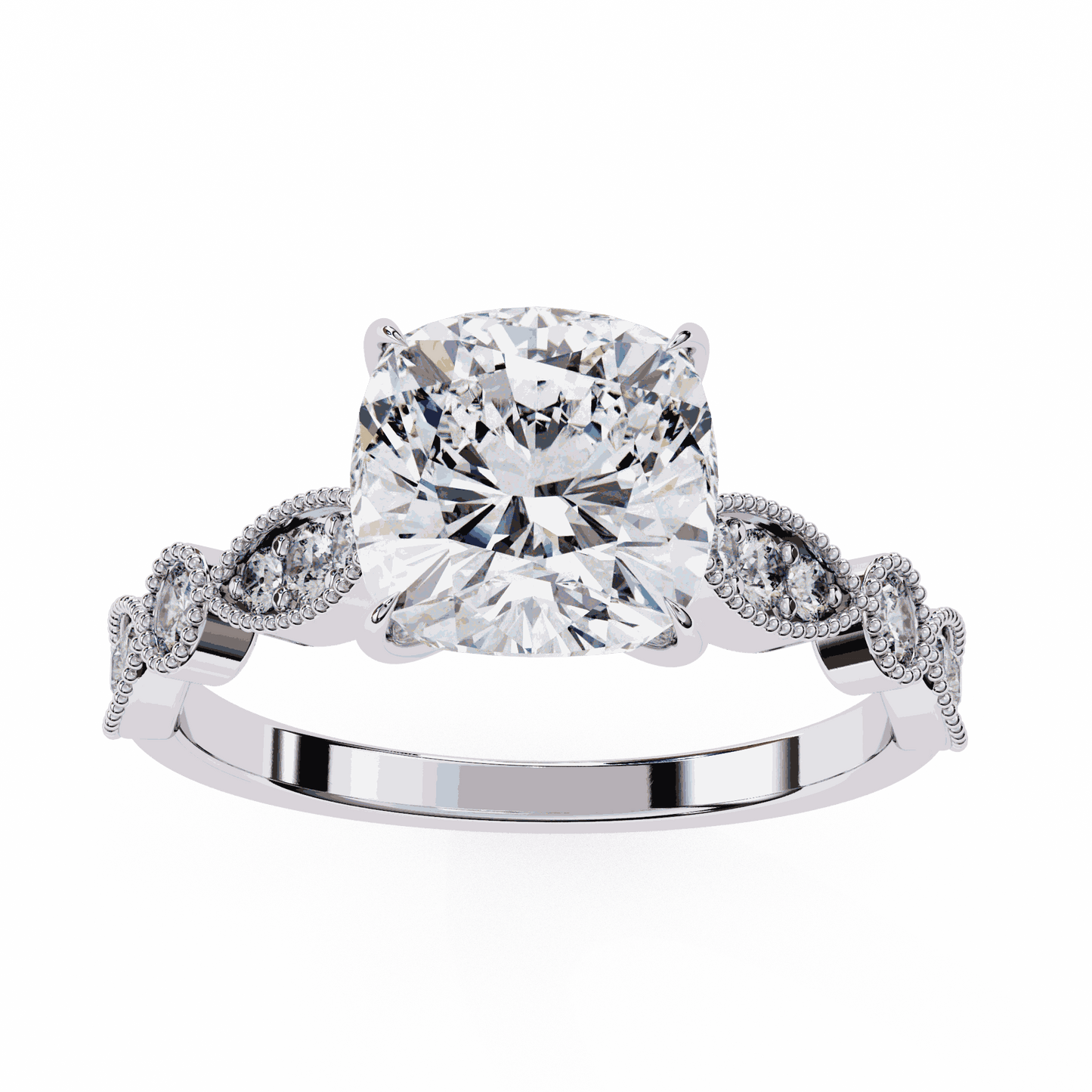 Cushion Cut Lab Grown Diamond Cathedral Engagement Ring with Vintage Milgrain