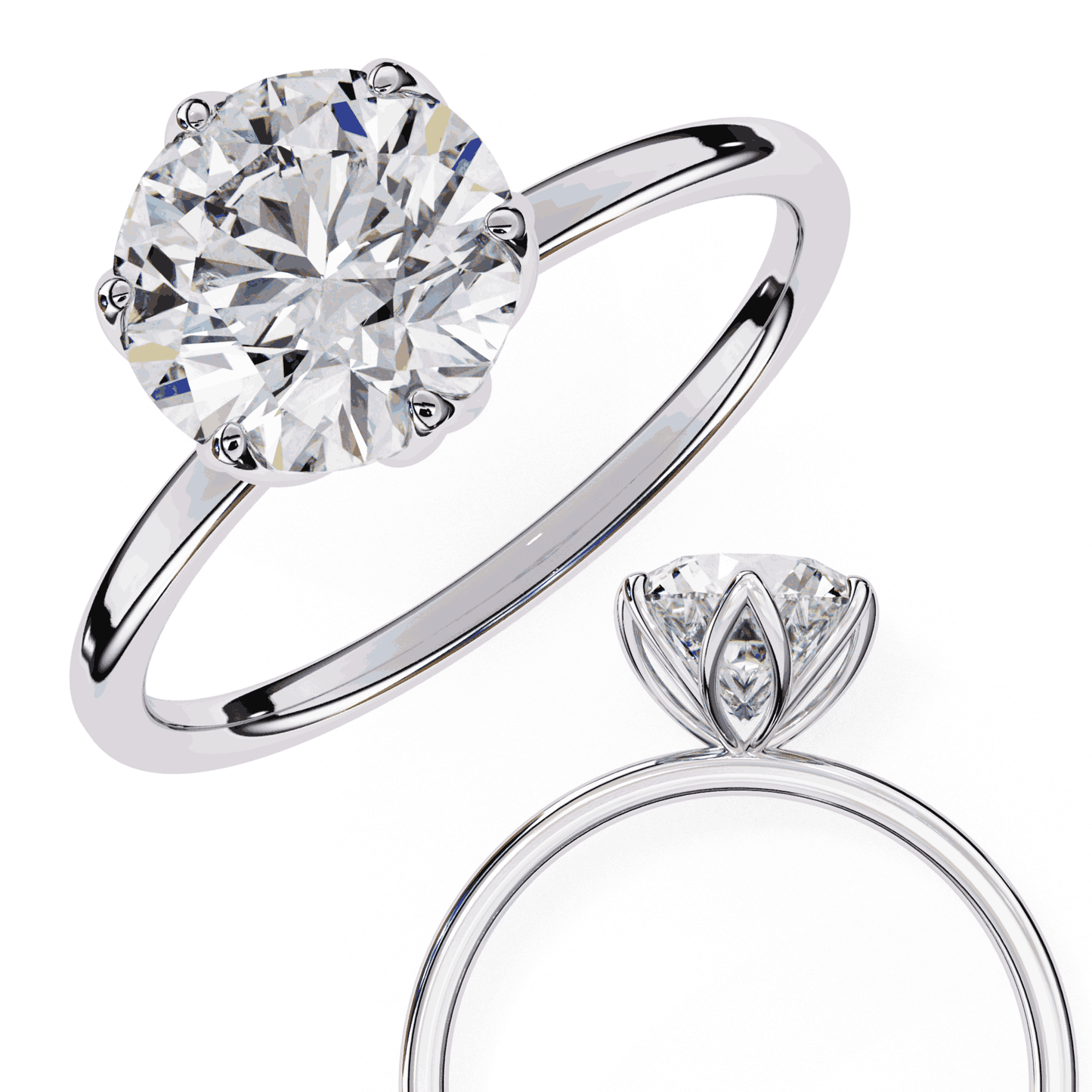 Round Cut Lab Grown Diamond Solitaire Engagement Ring with Tulip Six Prong