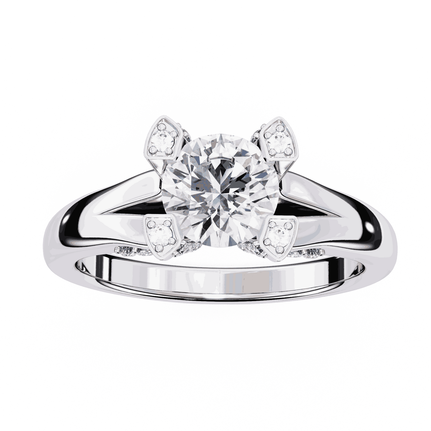 Round Cut Lab Grown Diamond Cathedral Engagement Ring with Shield Prong Detail