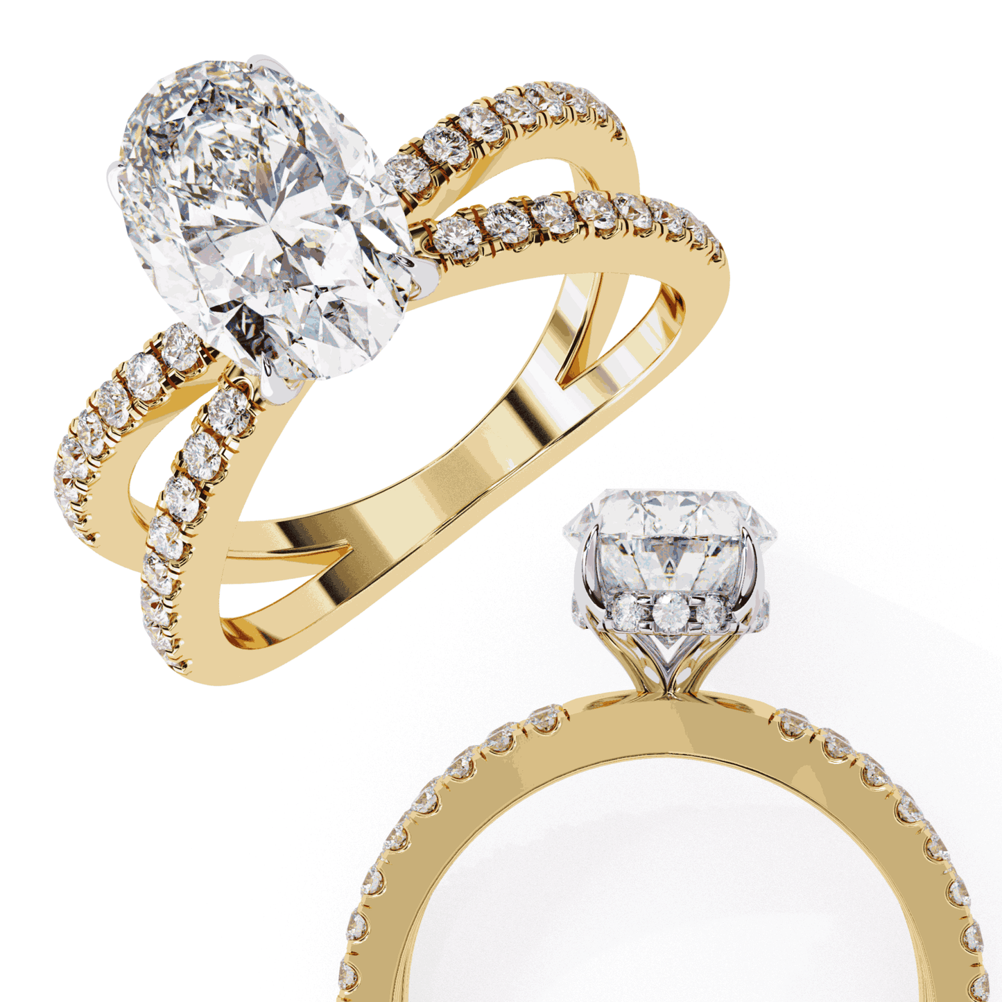 Oval Cut Lab Grown Diamond Pavé Engagement Ring with Crossover Hidden Halo