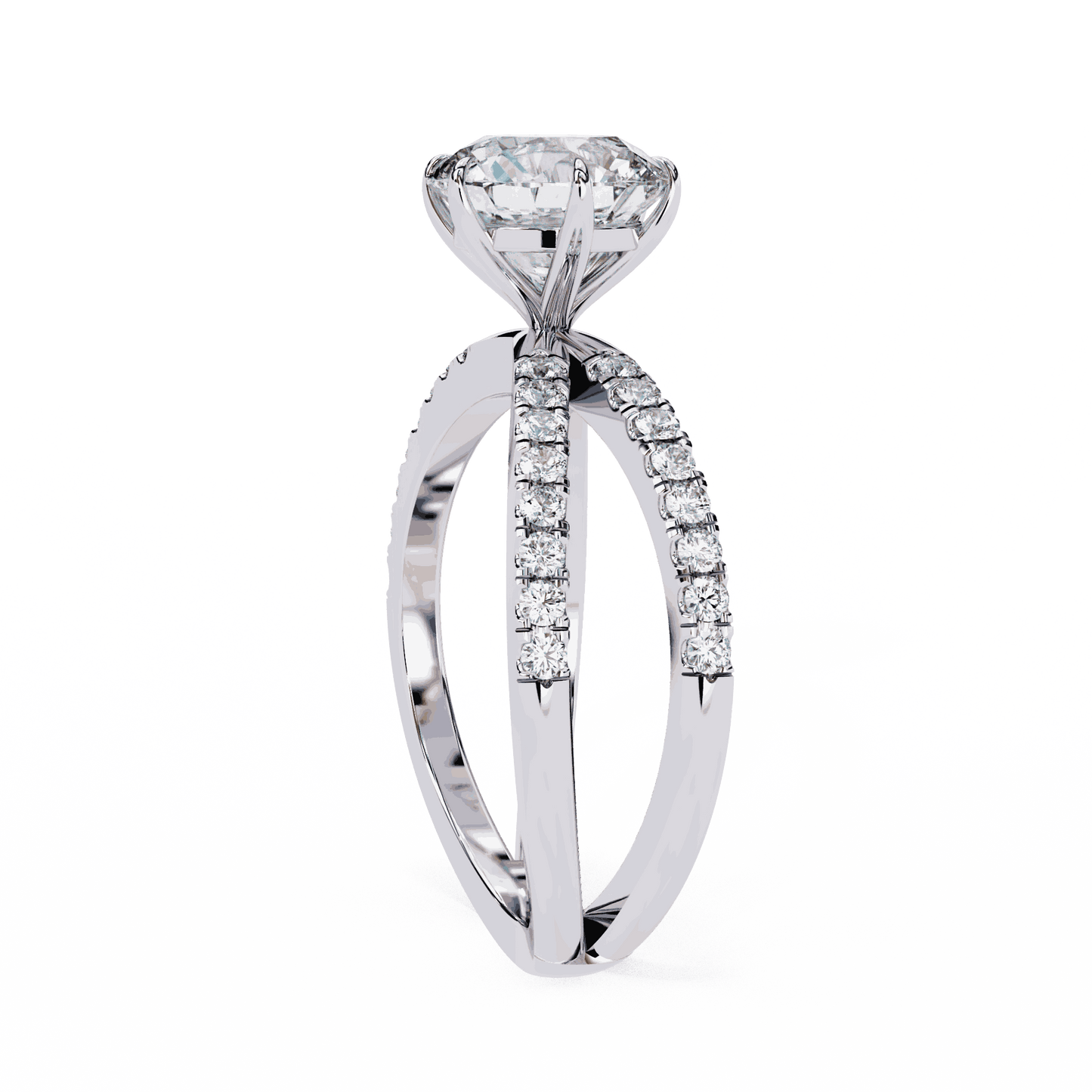 Round Cut Lab Grown Diamond Side Stone Engagement Ring with Pavé Crossover Shank