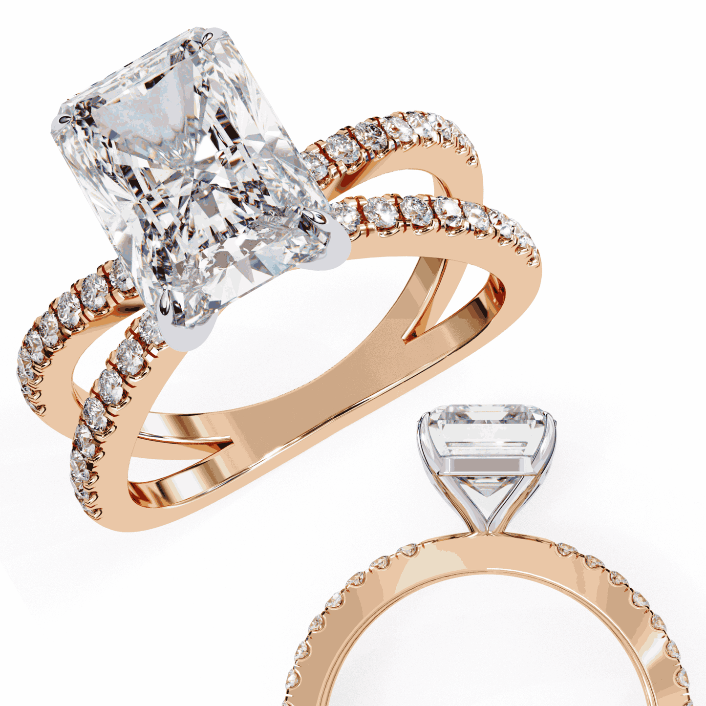 Radiant Cut Lab Grown Diamond Side Stone Engagement Ring with Pavé Crossover Shank