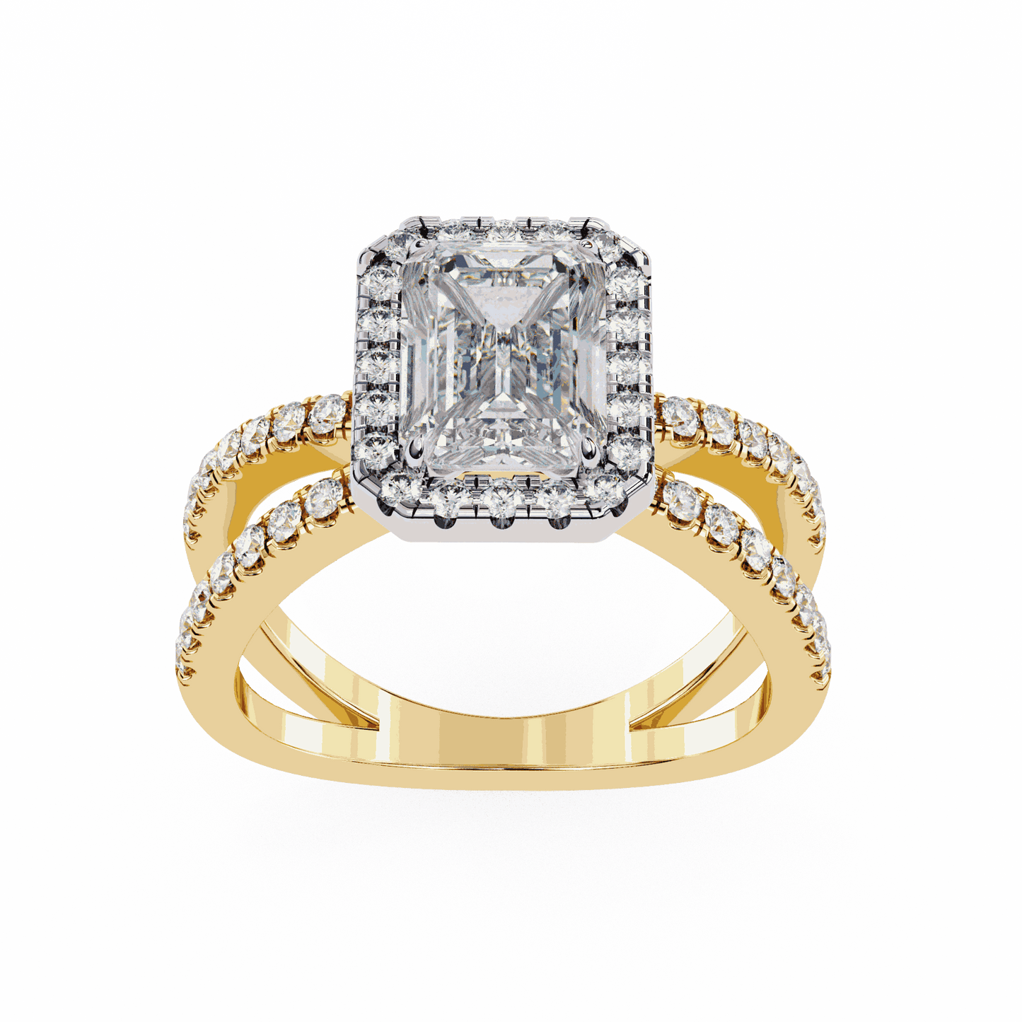 Emerald Cut Lab Grown Diamond Halo Engagement Ring with Pavé Crossover Shank