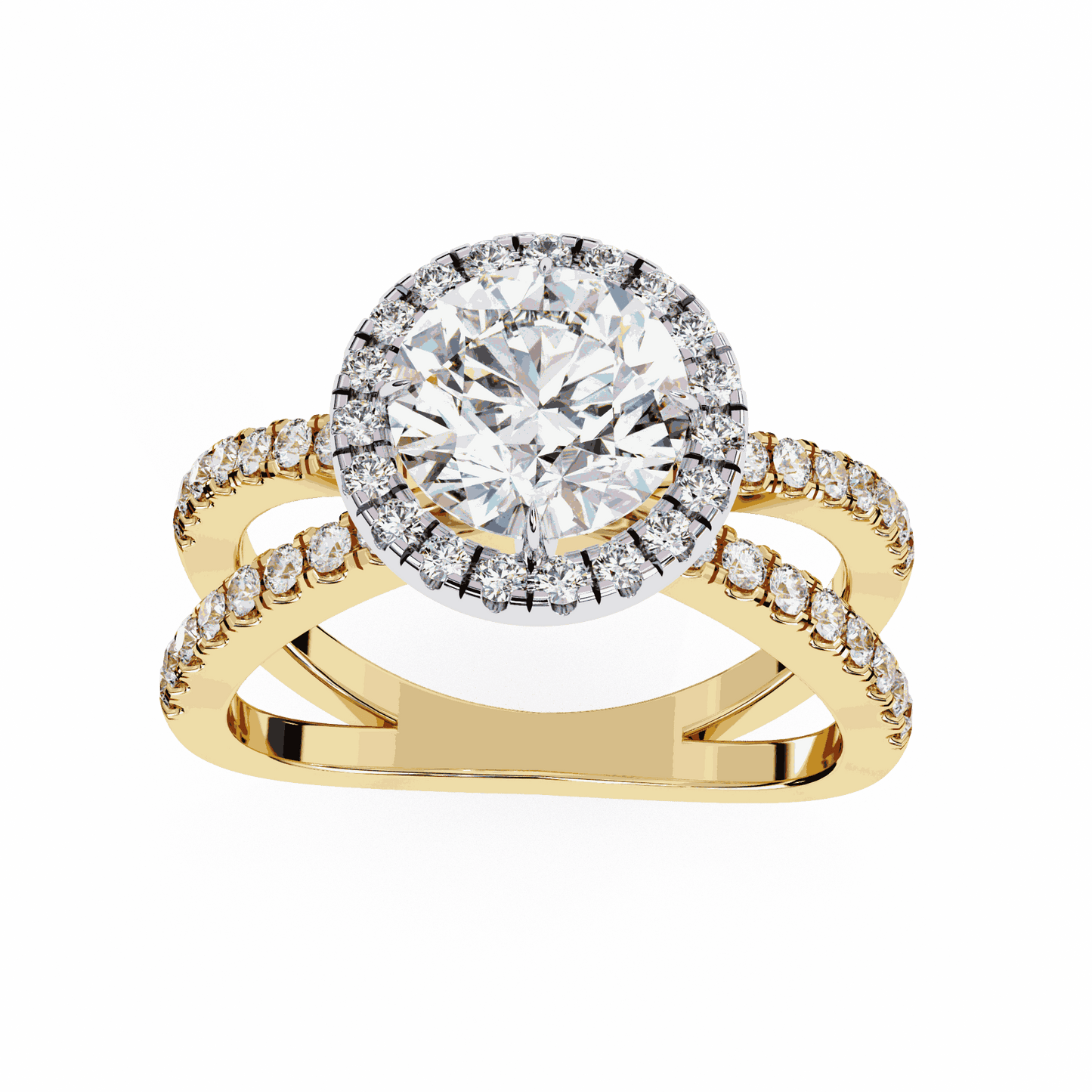 Round Cut Lab Grown Diamond Halo Engagement Ring with Pavé Crossover Shank