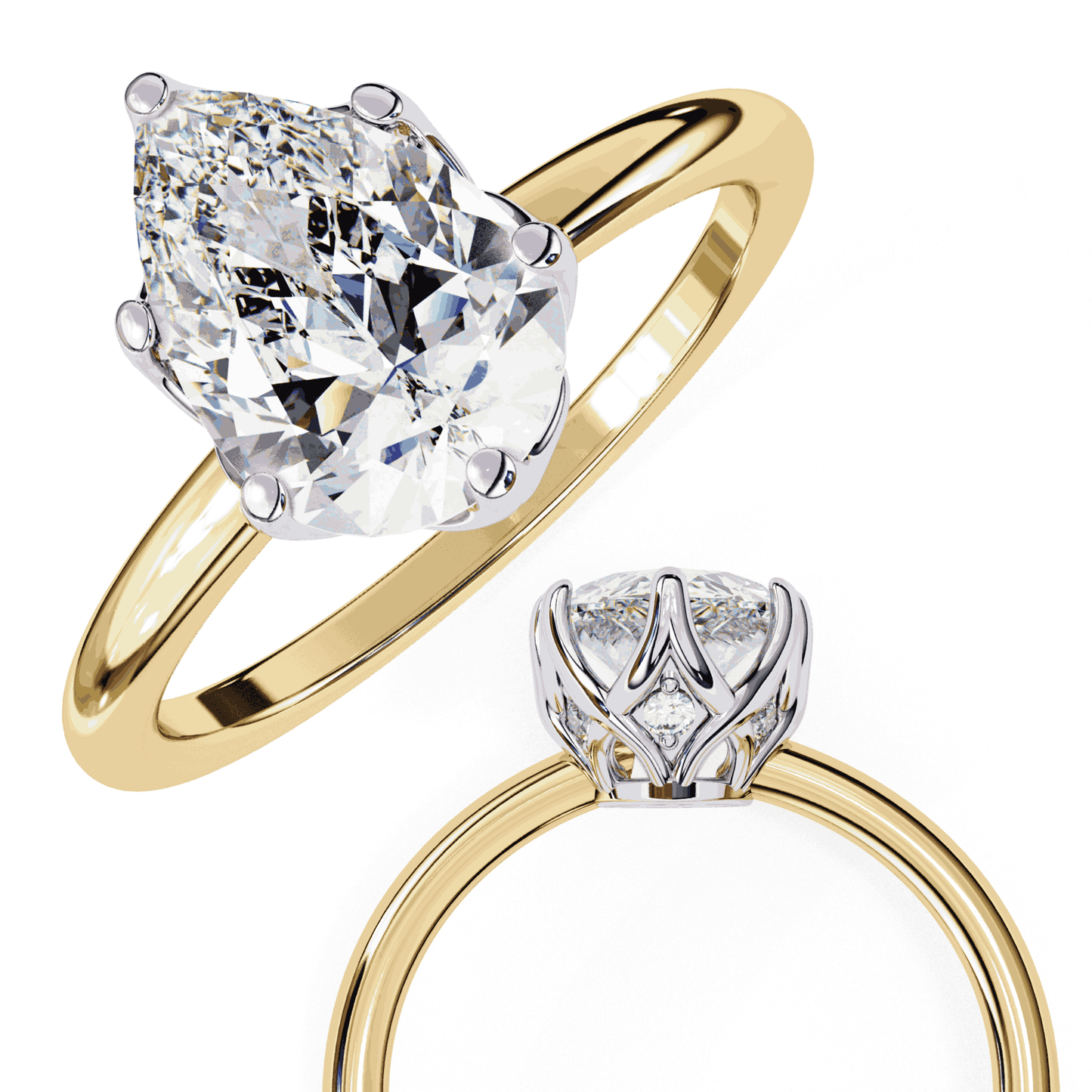 Pear Cut Lab Grown Diamond Solitaire Engagement Ring with Tulip Gallery and Hidden Accents