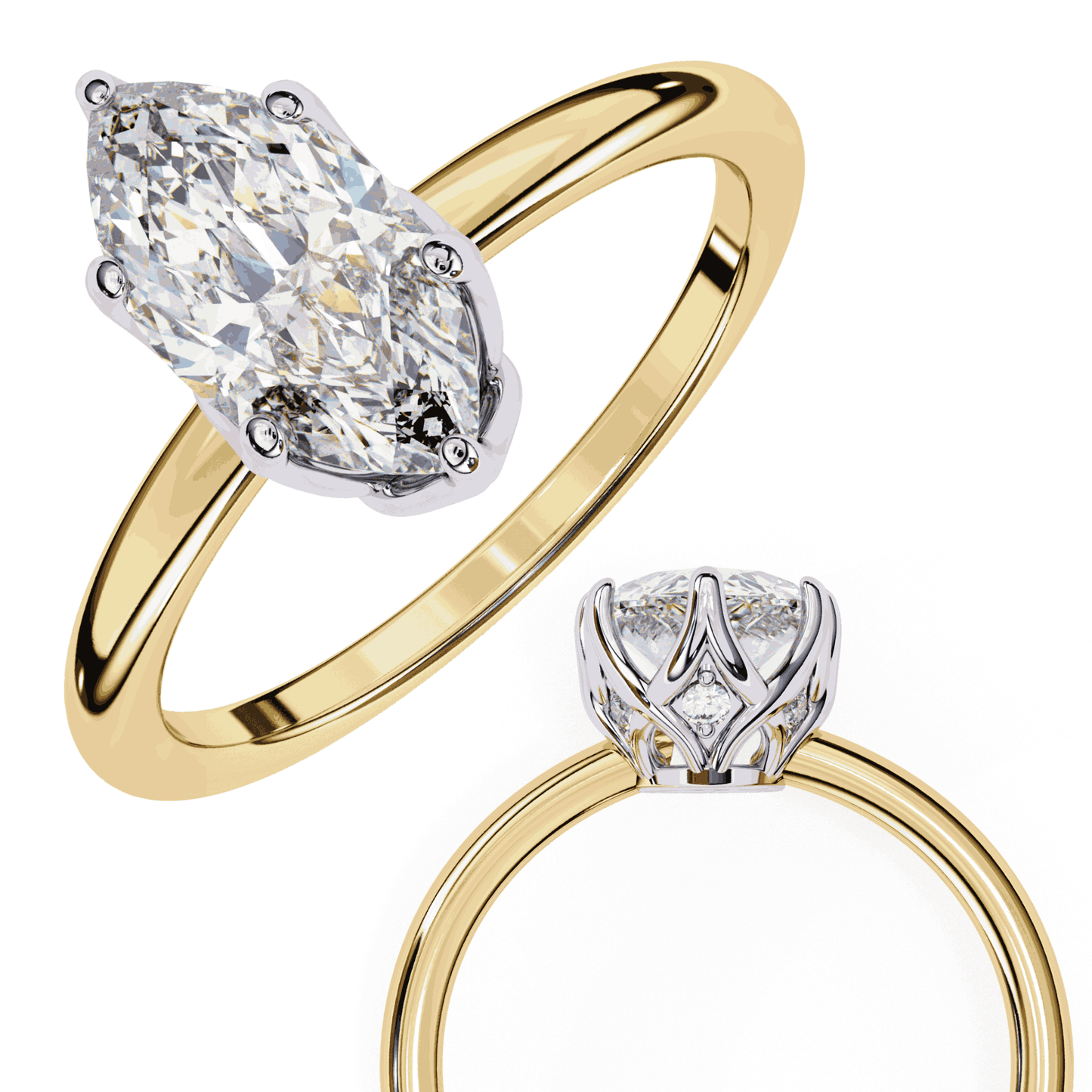 Marquise Cut Lab Grown Diamond Solitaire Engagement Ring with Tulip Gallery and Hidden Accents