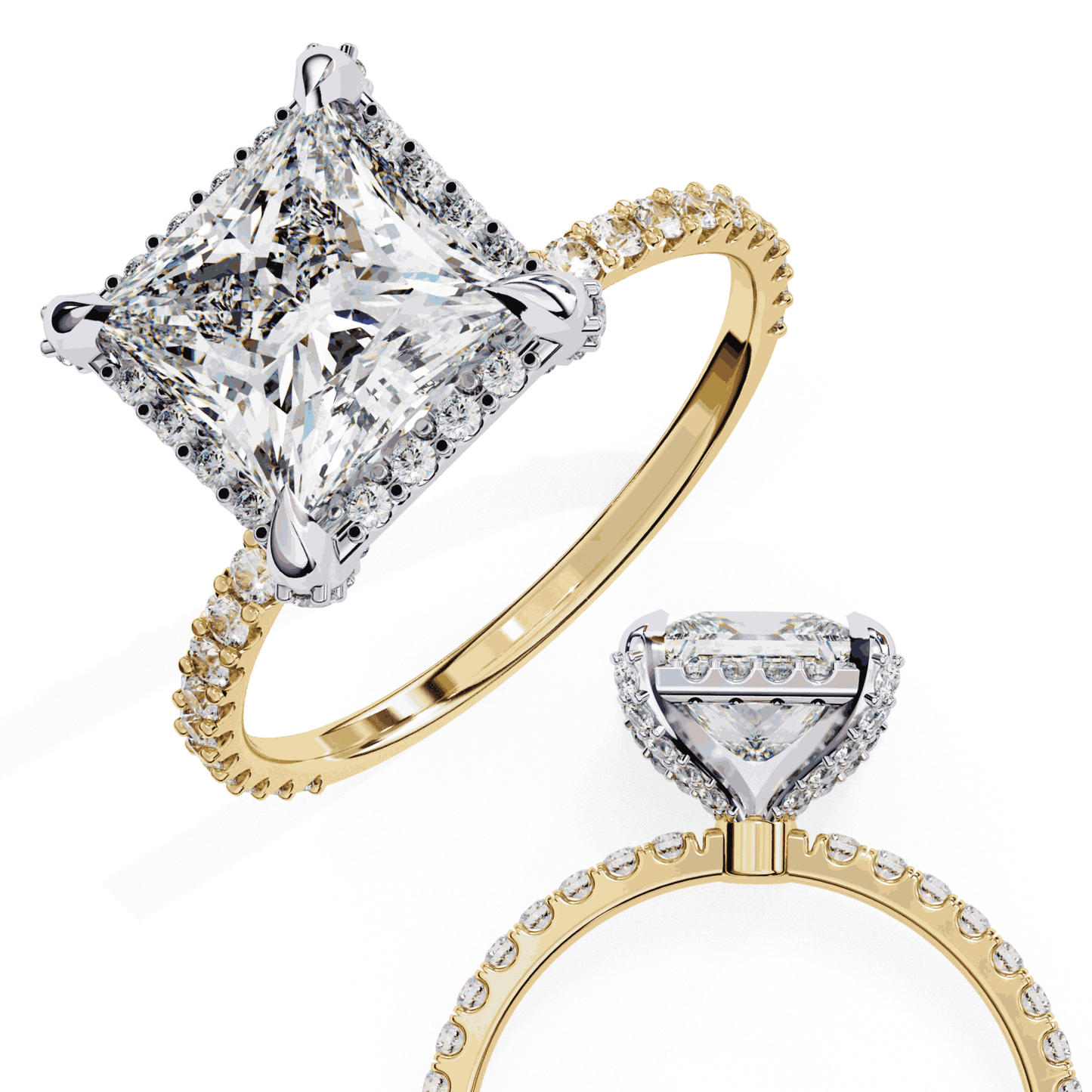 Princess Cut Lab Grown Diamond Hidden Halo Engagement Ring with Pavé Band