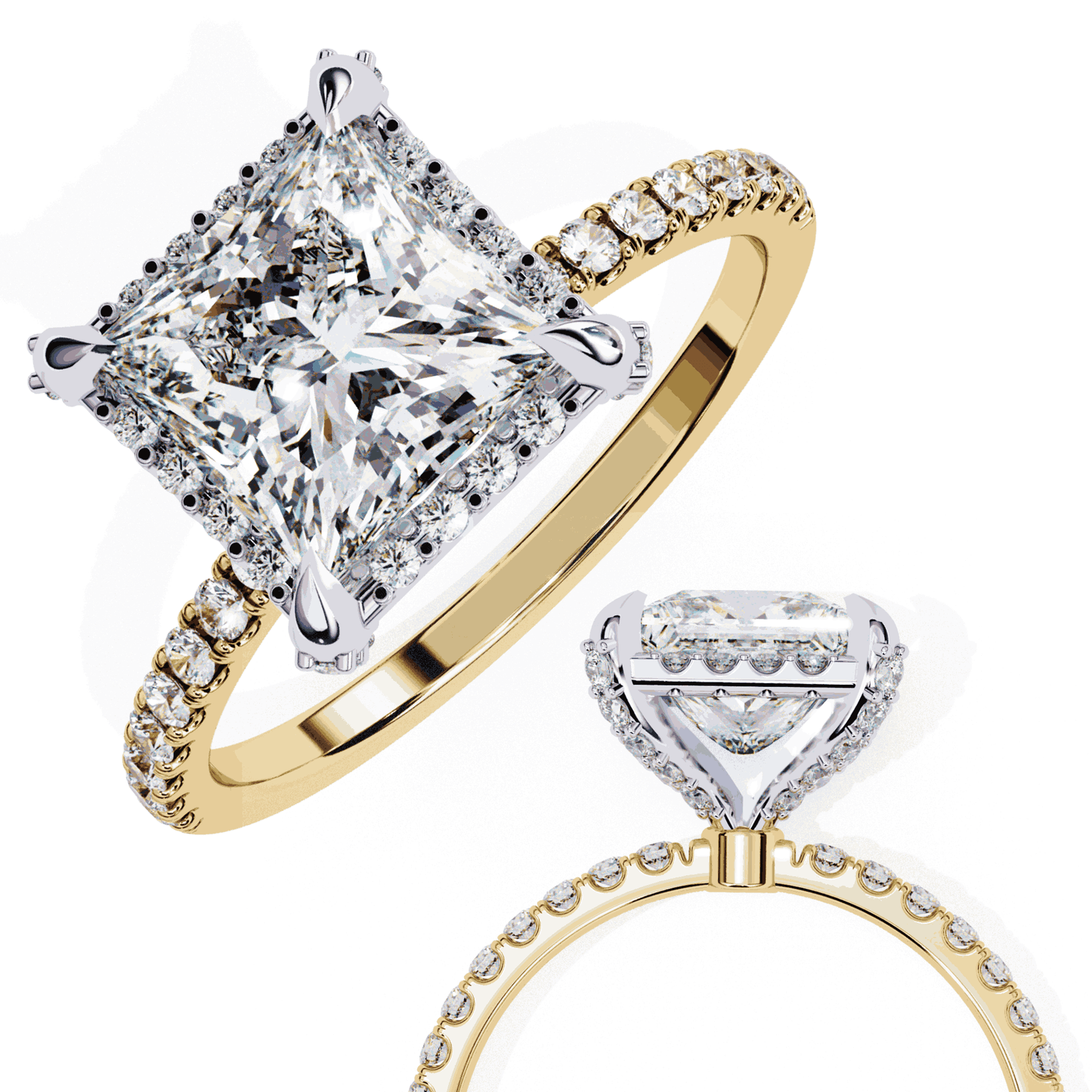 Princess Cut Lab Grown Diamond Hidden Halo Engagement Ring with Classic Pavé Band
